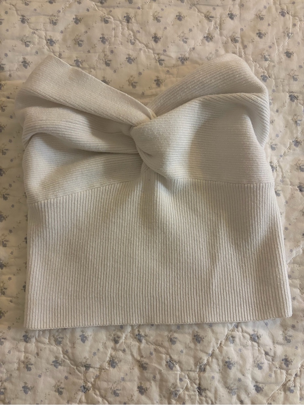 Twist Front Cream Ribbed Strapless Sweater Top